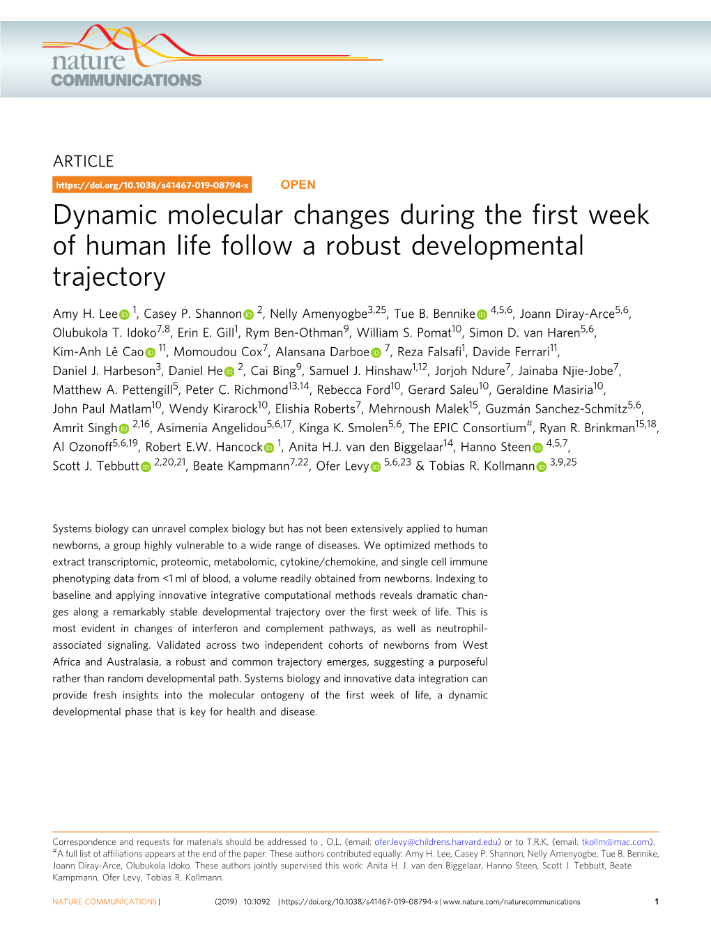 Dynamic Molecular Changes During the First Week of Human Life Follow A