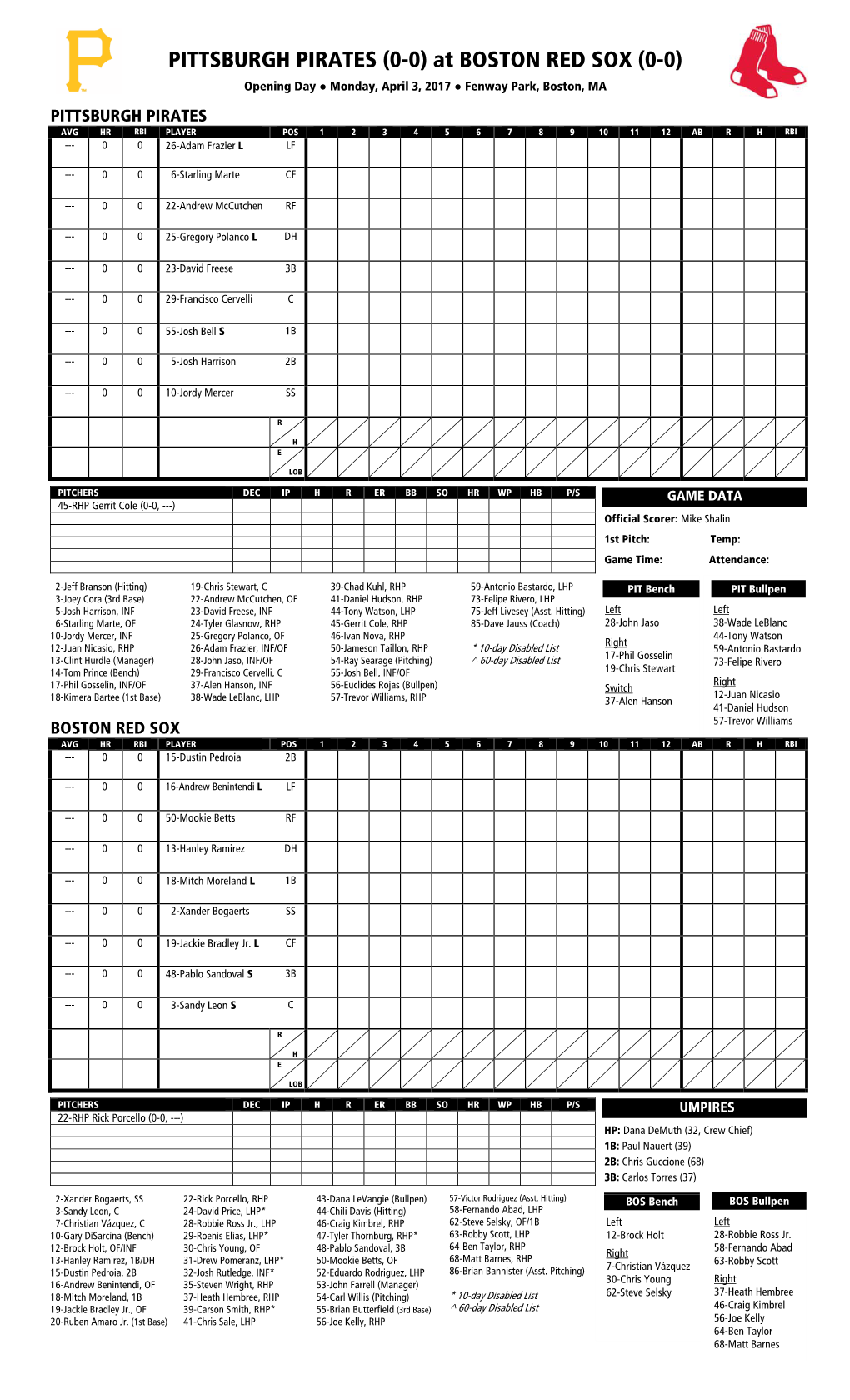 PITTSBURGH PIRATES (0-0) at BOSTON RED SOX (0-0)