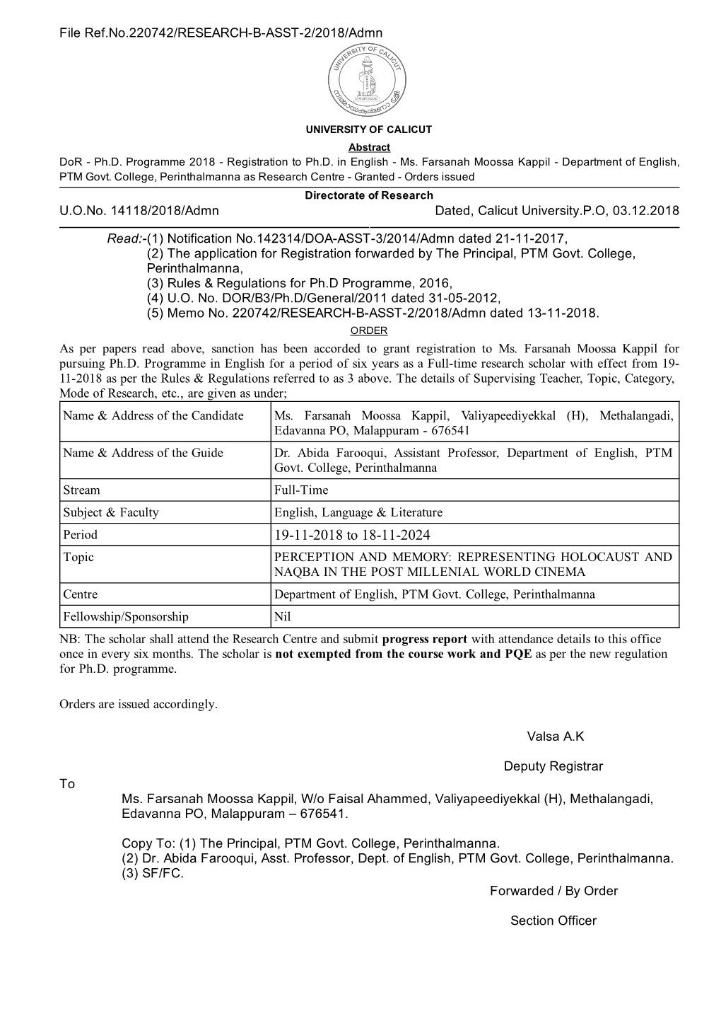 19-11-2018 to 18-11-2024 Topic PERCEPTION and MEMORY: REPRESENTING HOLOCAUST and NAQBA in the POST MILLENIAL WORLD CINEMA Centre Department of English, PTM Govt