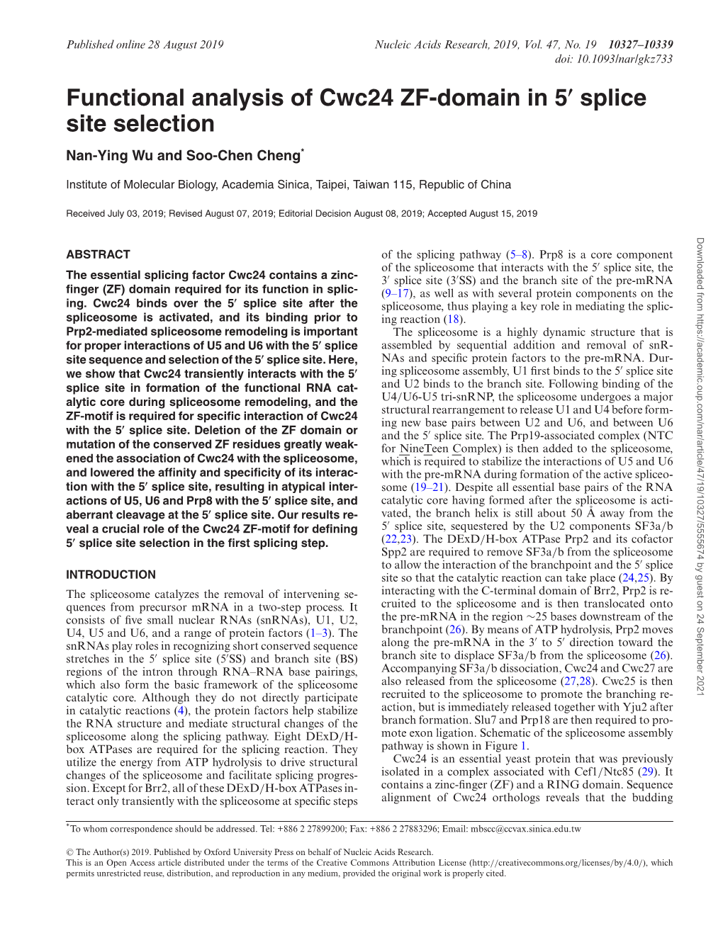 Functional Analysis of Cwc24 ZF-Domain in 5 Splice Site Selection