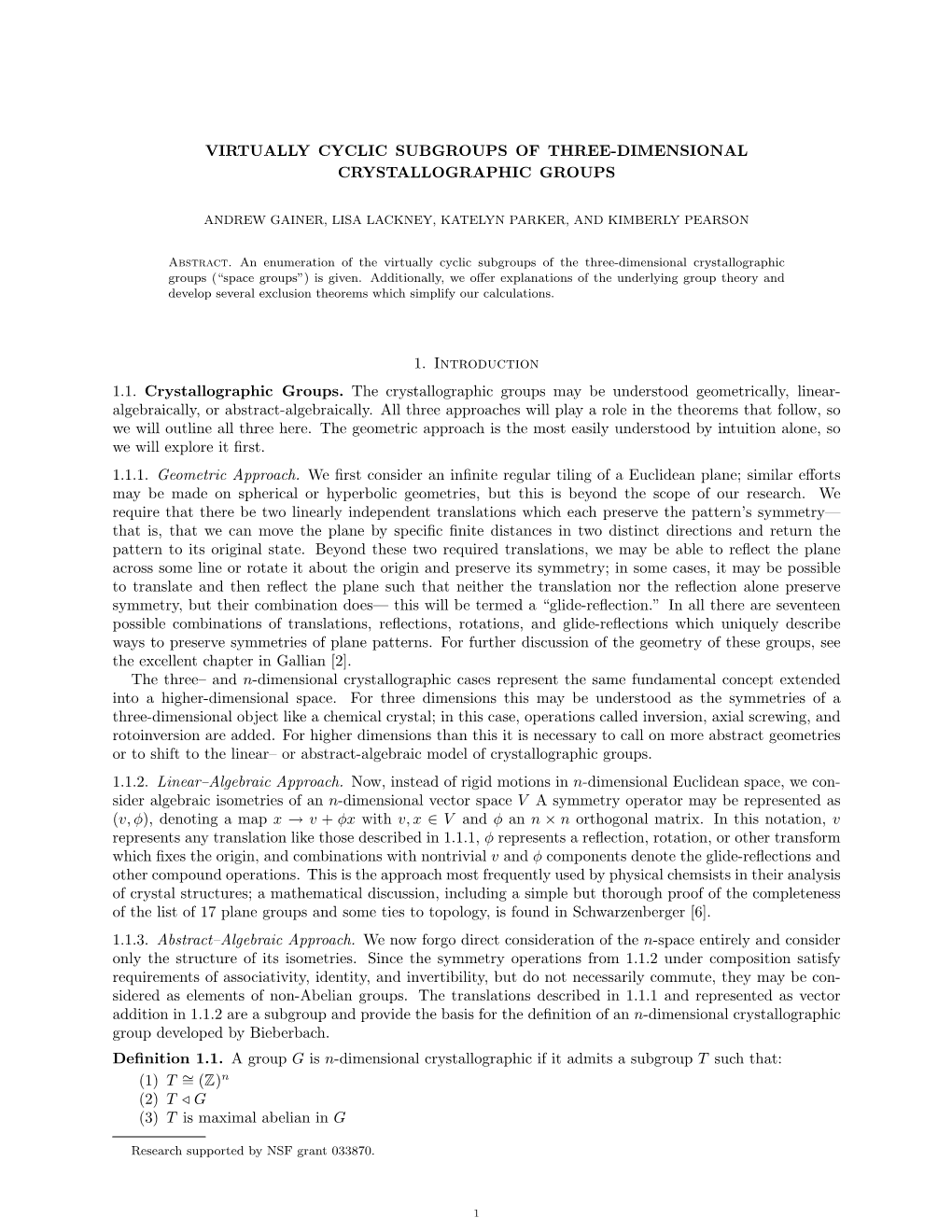 Virtually Cyclic Subgroups of Three-Dimensional Crystallographic Groups