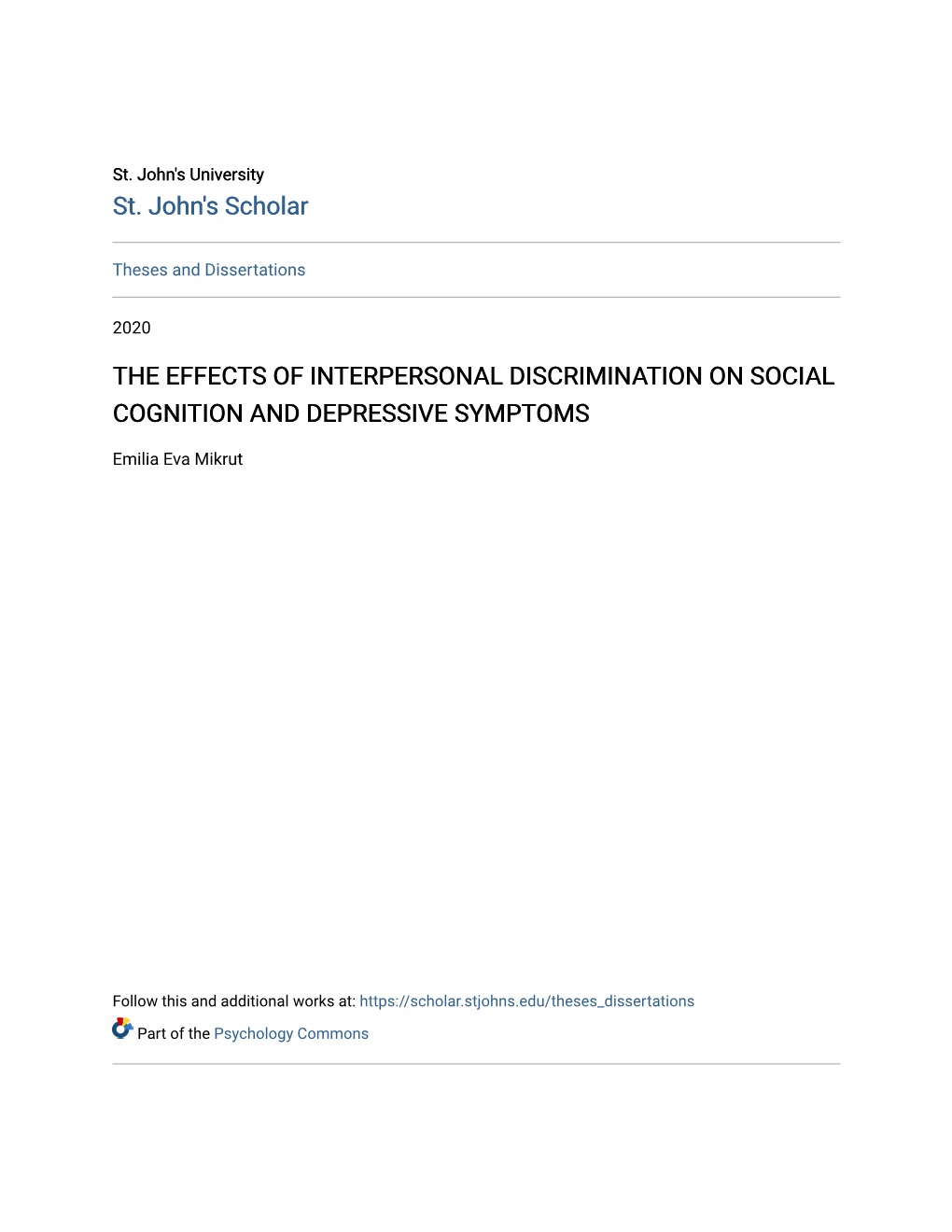 The Effects of Interpersonal Discrimination on Social Cognition and Depressive Symptoms