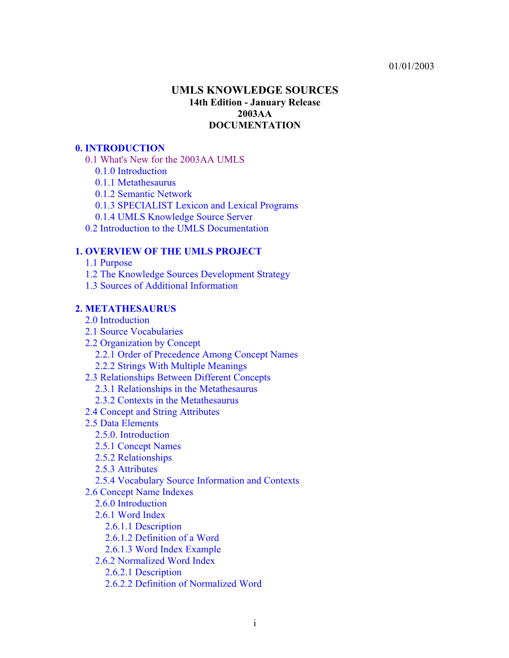UMLS KNOWLEDGE SOURCES 14Th Edition - January Release 2003AA DOCUMENTATION