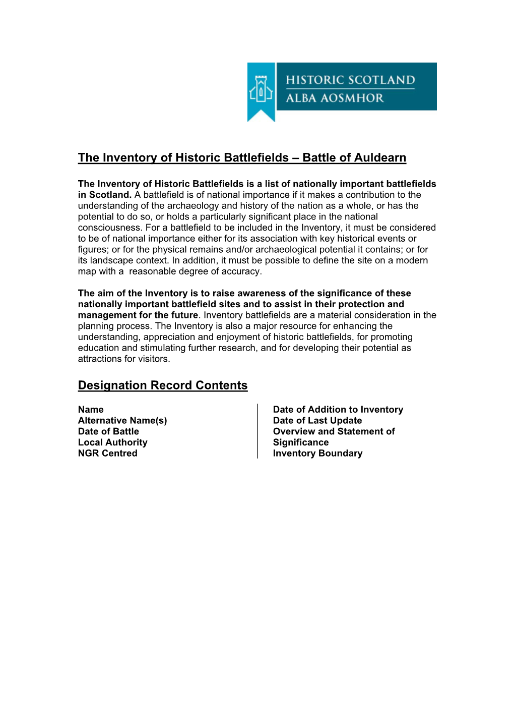 The Inventory of Historic Battlefields – Battle of Auldearn Designation