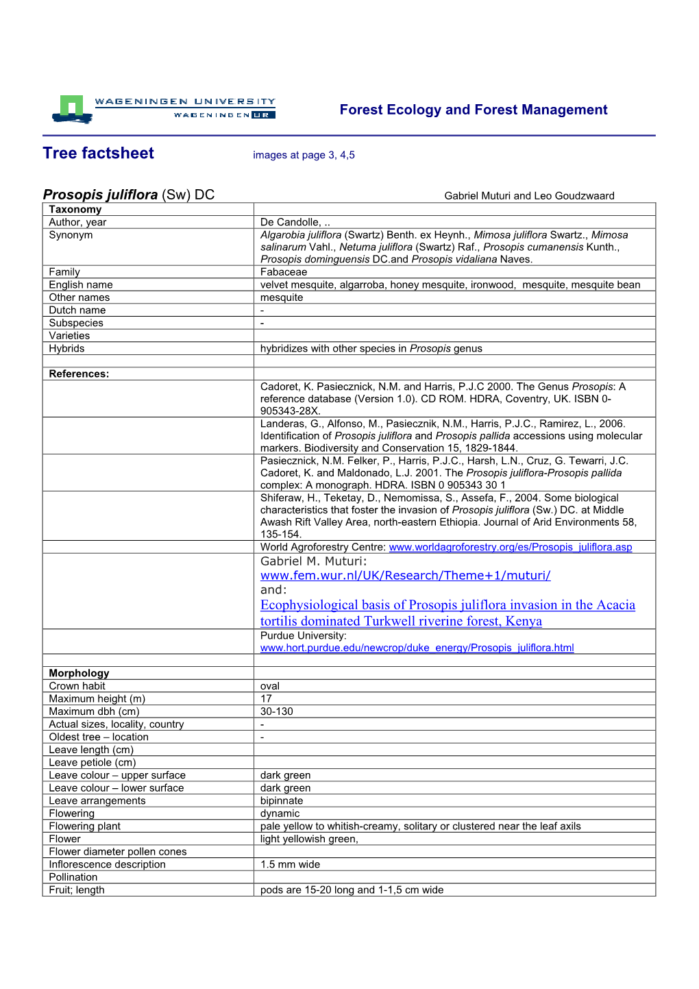Prosopis Juliflora (Sw) DC Gabriel Muturi and Leo Goudzwaard Taxonomy Author, Year De Candolle,