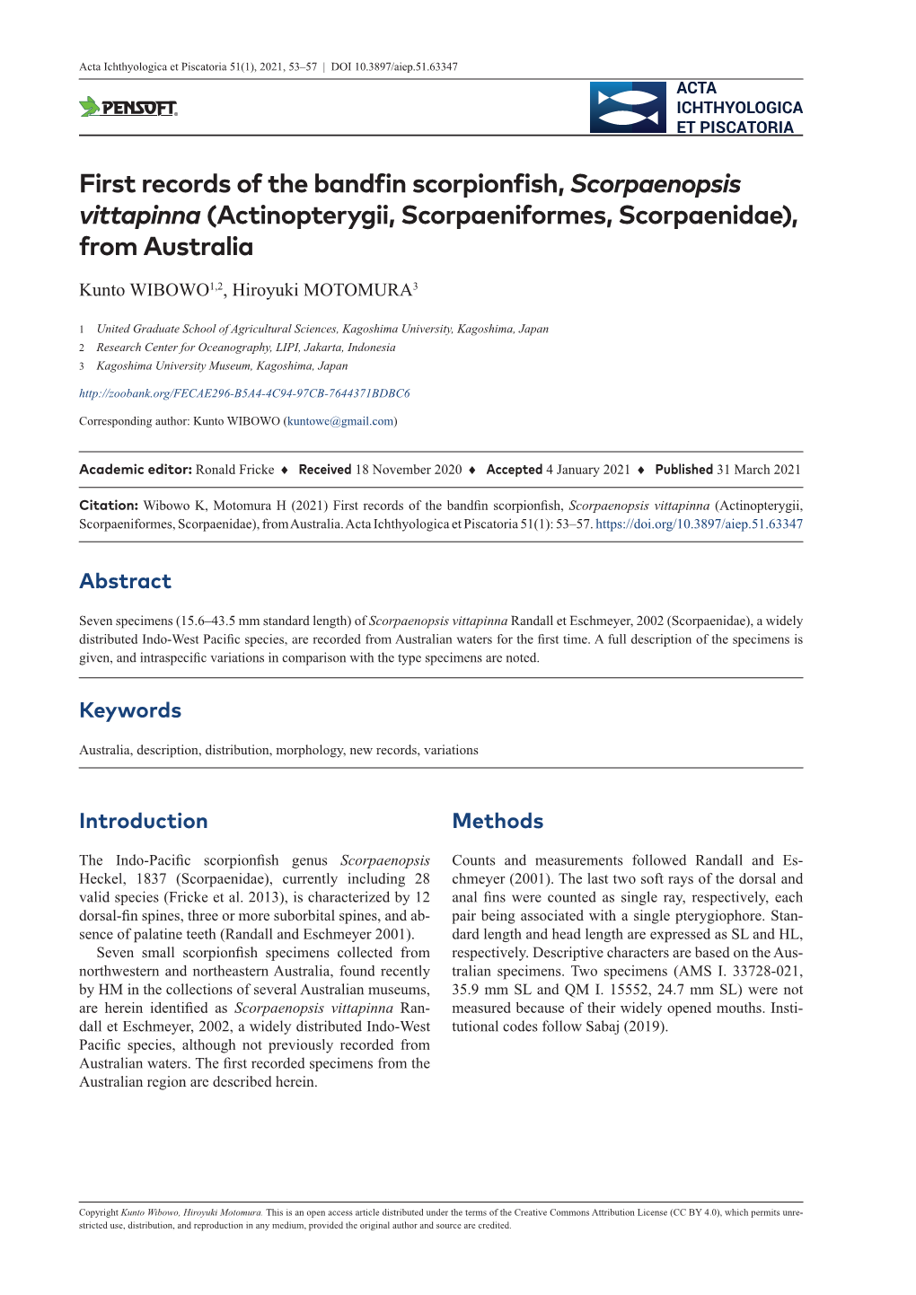 ﻿First Records of the Bandfin Scorpionfish, Scorpaenopsis