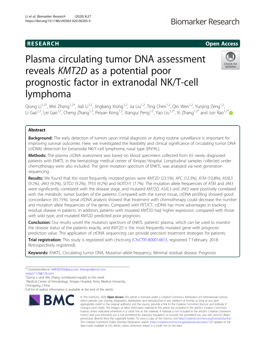 Plasma Circulating Tumor DNA Assessment Reveals KMT2D As A