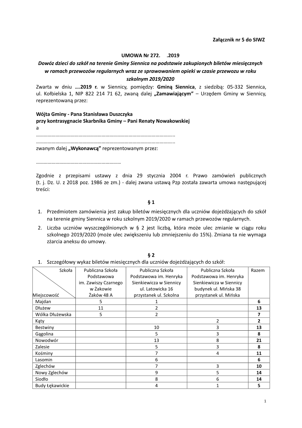 Załącznik Nr 5 Do SIWZ UMOWA Nr 272. .2019 Dowóz Dzieci Do Szkół