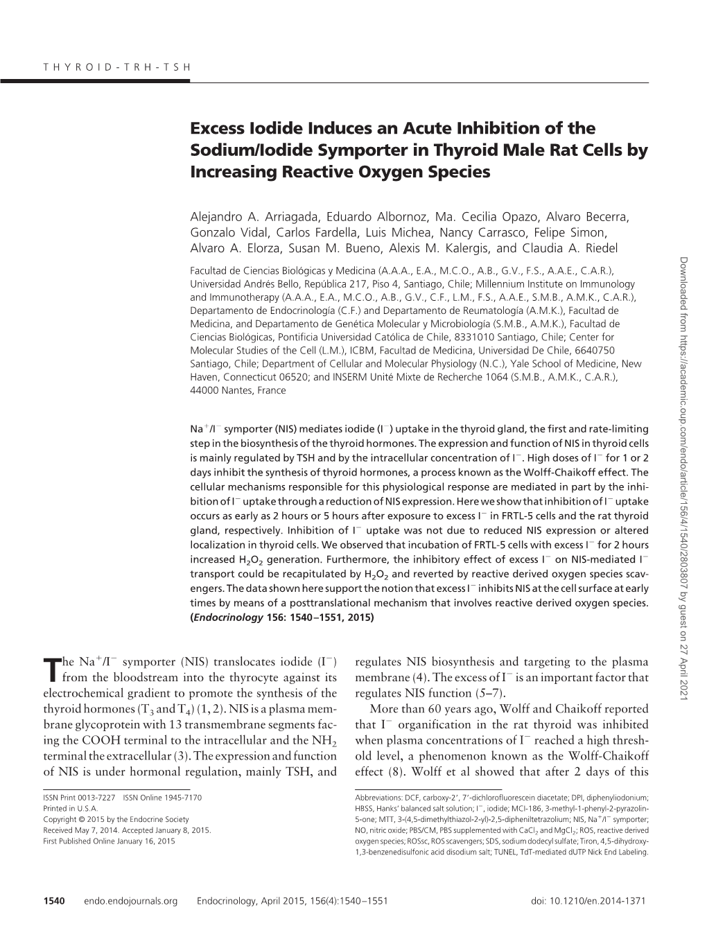 Excess Iodide Induces an Acute Inhibition of the Sodium/Iodide Symporter in Thyroid Male Rat Cells by Increasing Reactive Oxygen Species