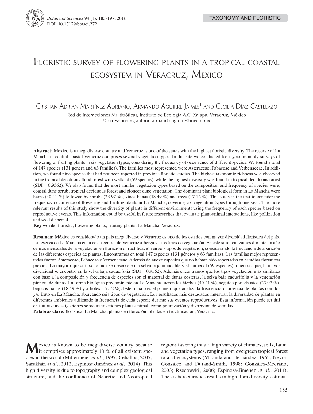 Floristic Survey of Flowering Plants in a Tropical Coastal Ecosystem in Veracruz, Mexico