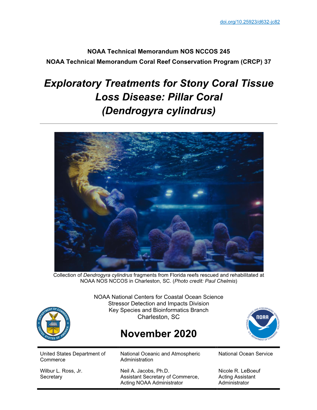 Exploratory Treatments for Stony Coral Tissue Loss Disease: Pillar Coral (Dendrogyra Cylindrus)