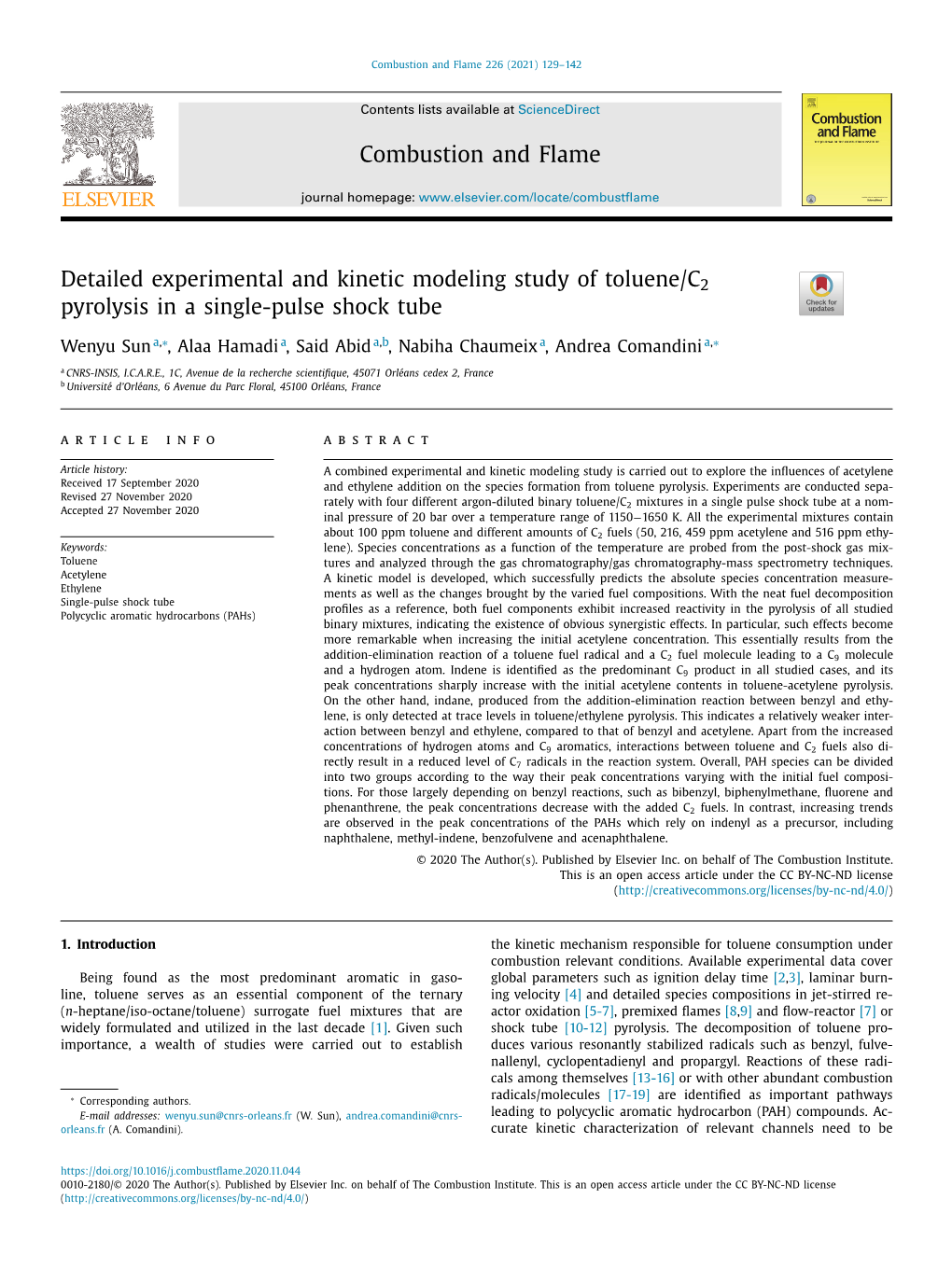 Detailed Experimental and Kinetic Modeling Study of Toluene/C2 Pyrolysis in a Single-Pulse Shock Tube