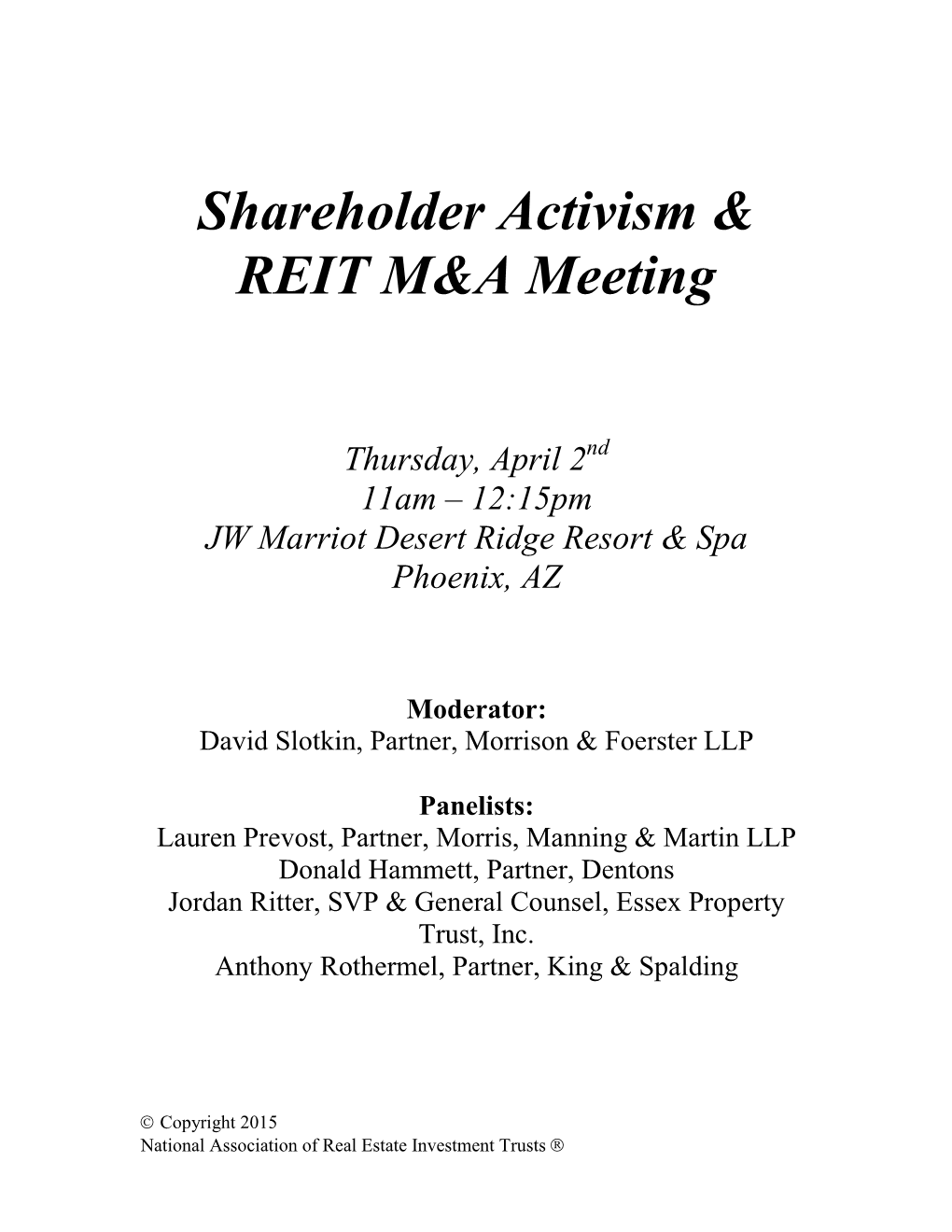 Shareholder Activism & REIT M&A Meeting