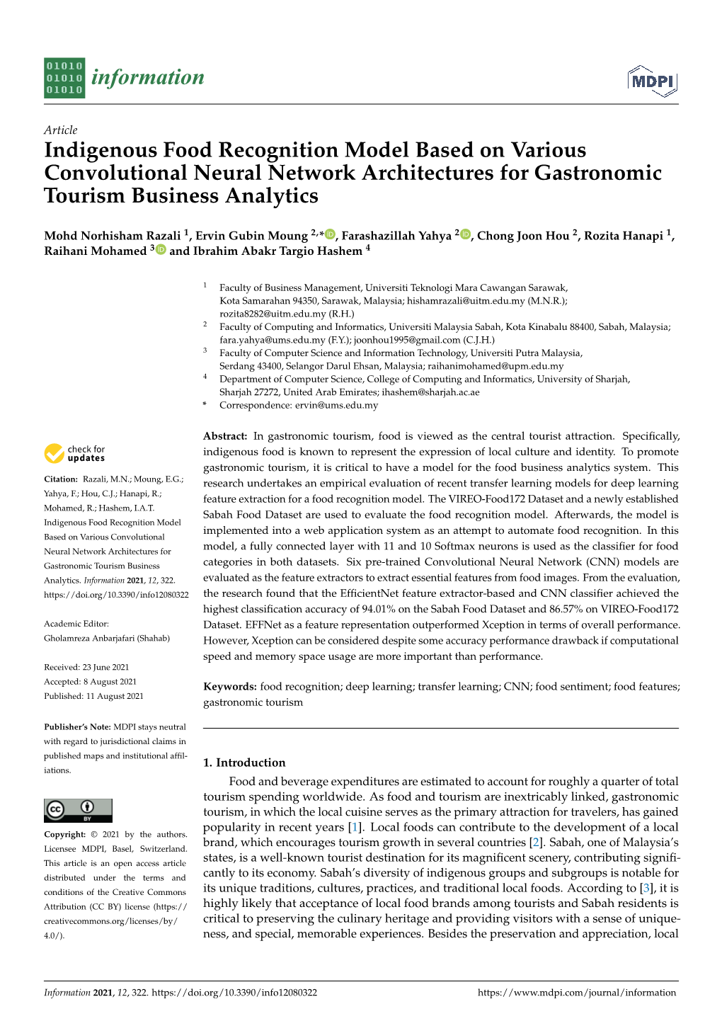 Indigenous Food Recognition Model Based on Various Convolutional Neural Network Architectures for Gastronomic Tourism Business Analytics