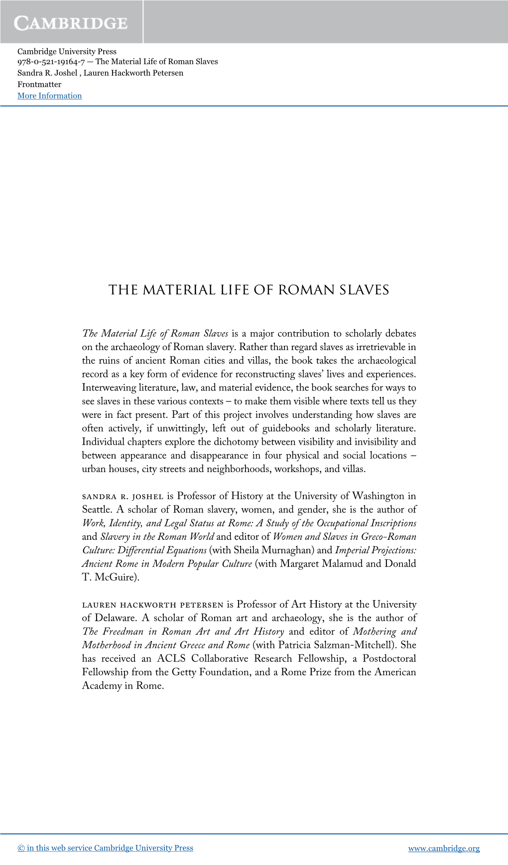 The Material Life of Roman Slaves Sandra R