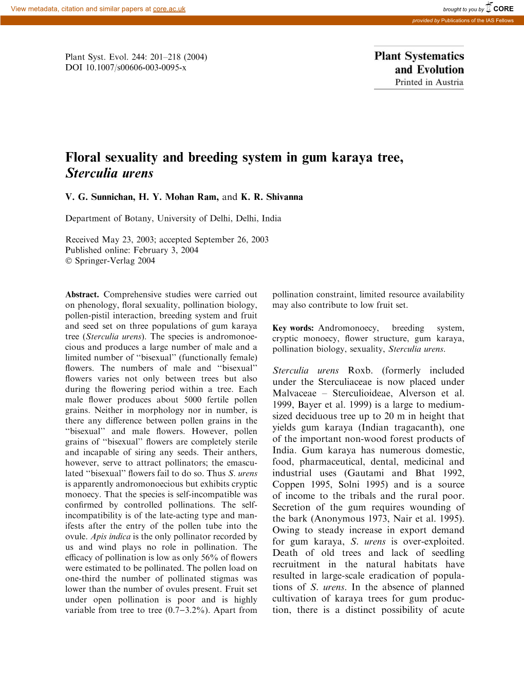 Floral Sexuality and Breeding System in Gum Karaya Tree, Sterculia Urens