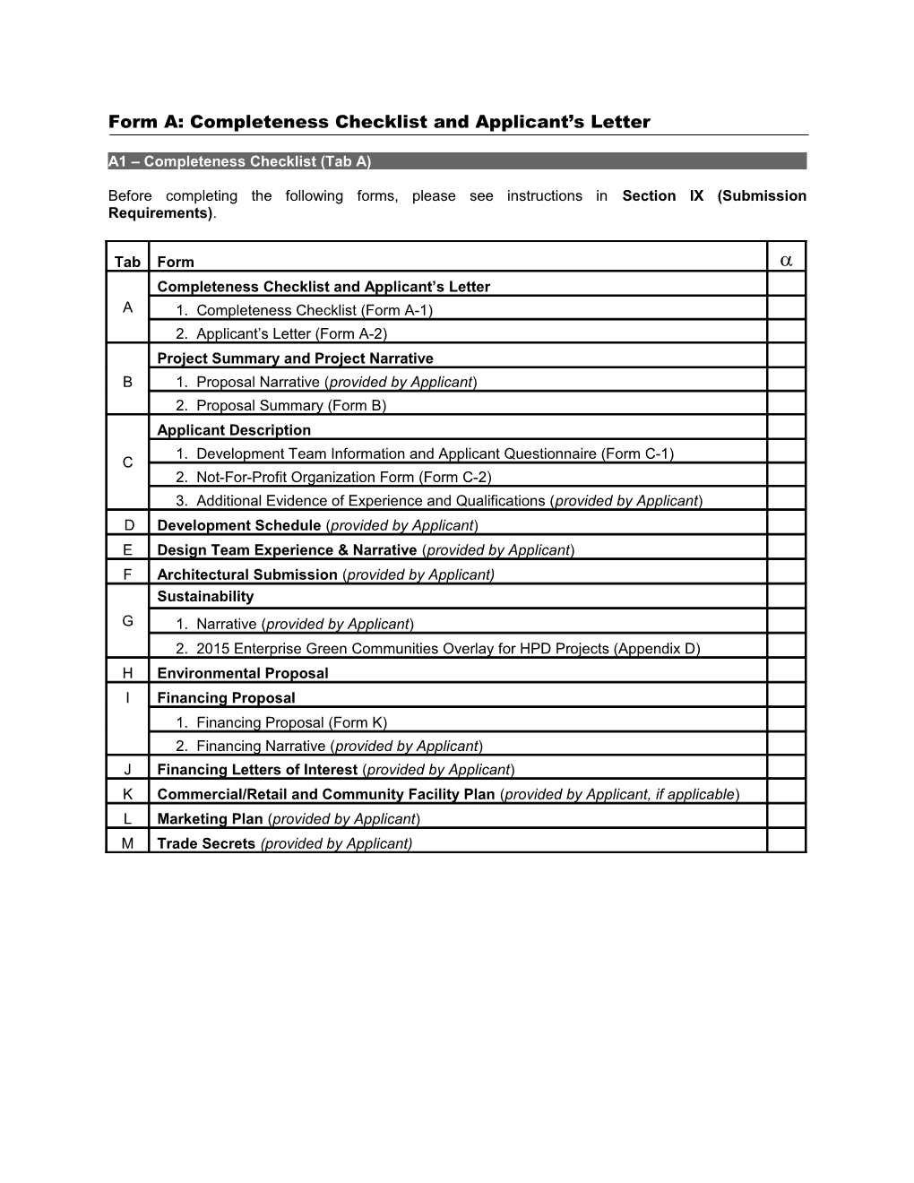 Form A: Completeness Checklist and Applicant S Letter s2