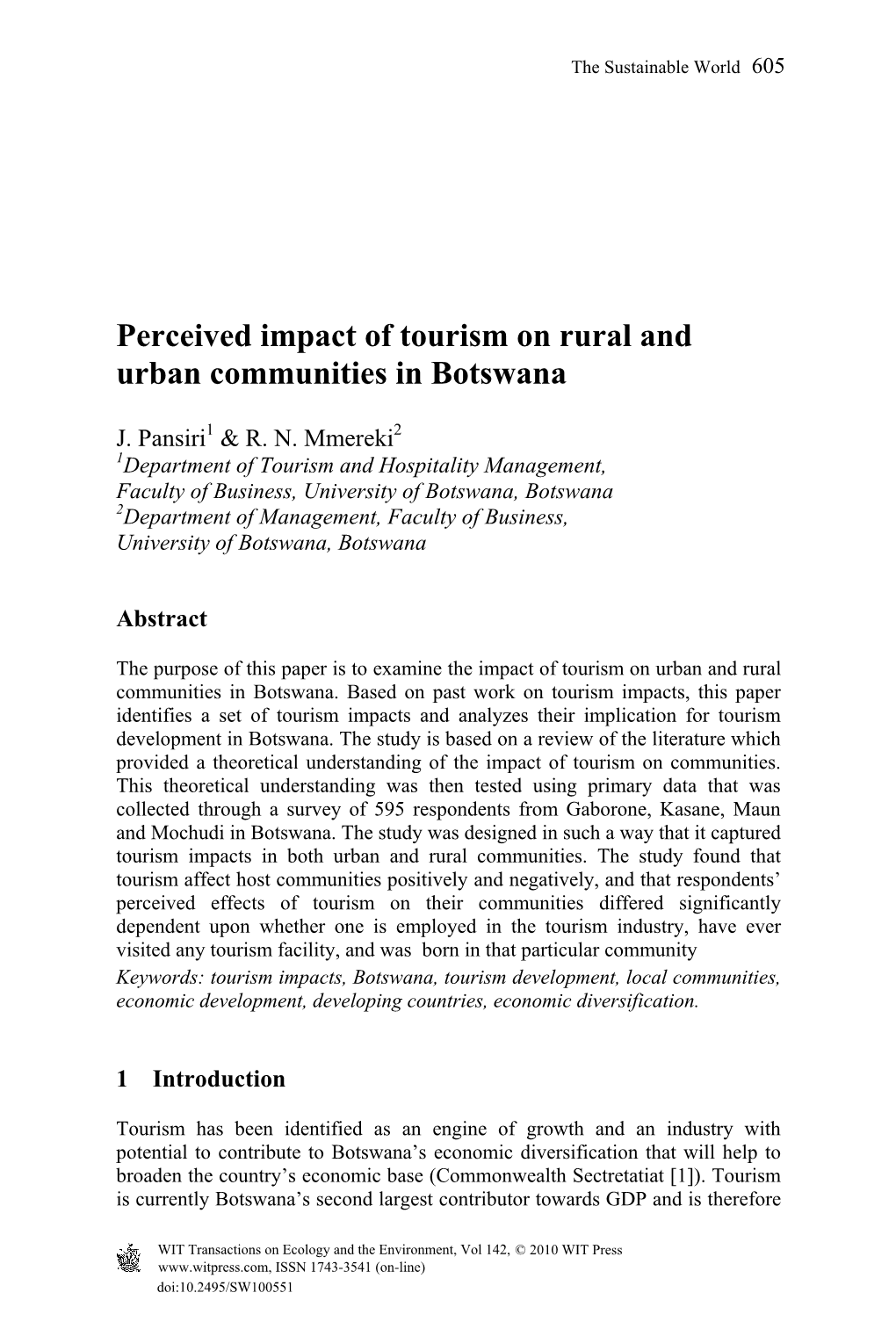 Perceived Impact of Tourism on Rural and Urban Communities in Botswana