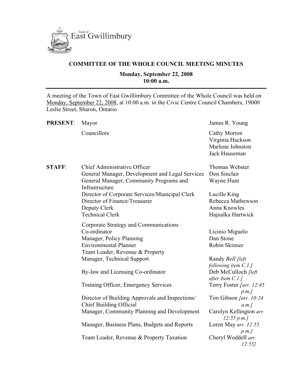 Committee of the Whole Council Meeting Minutes