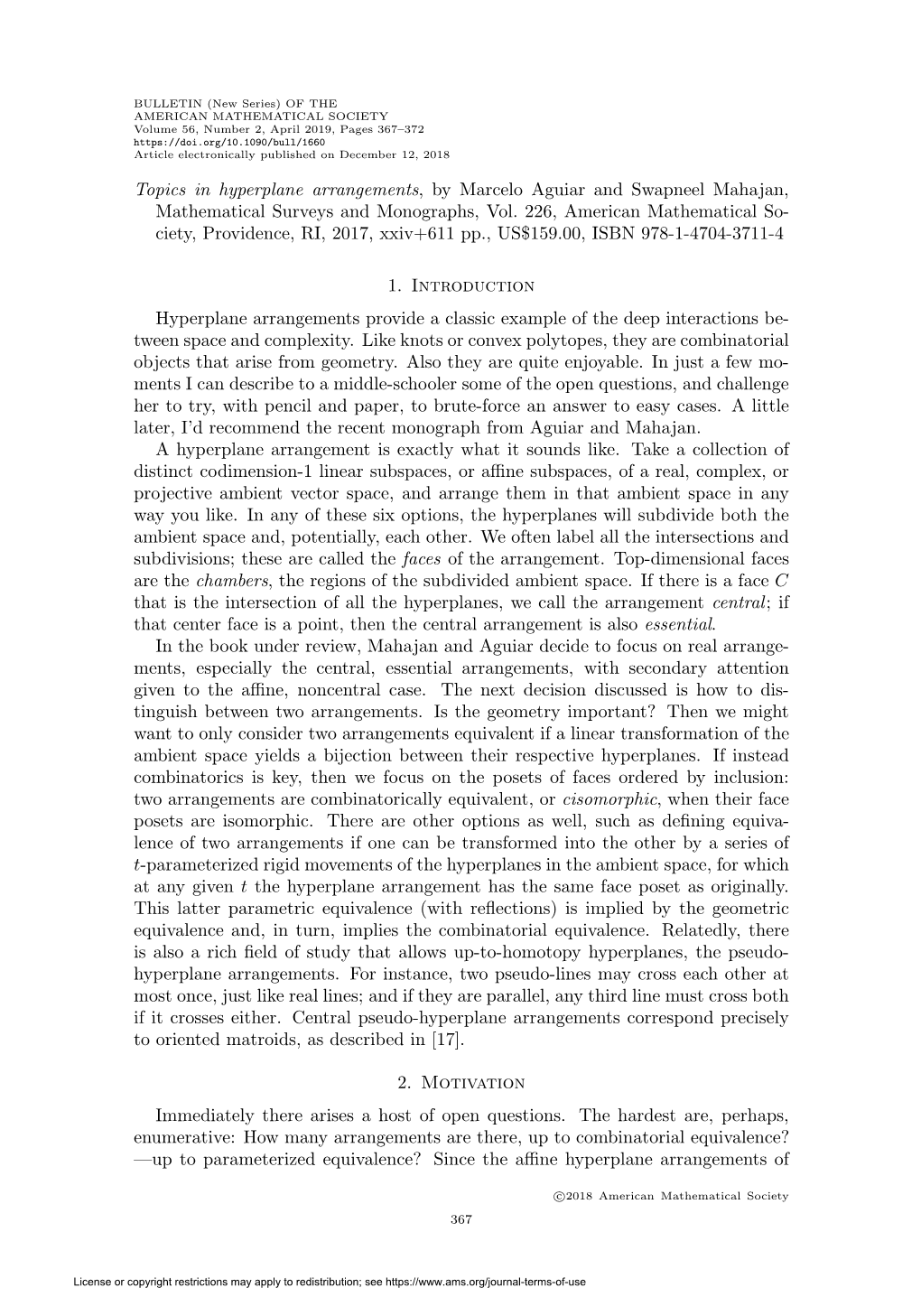 Topics in Hyperplane Arrangements, by Marcelo Aguiar and Swapneel Mahajan, Mathematical Surveys and Monographs, Vol