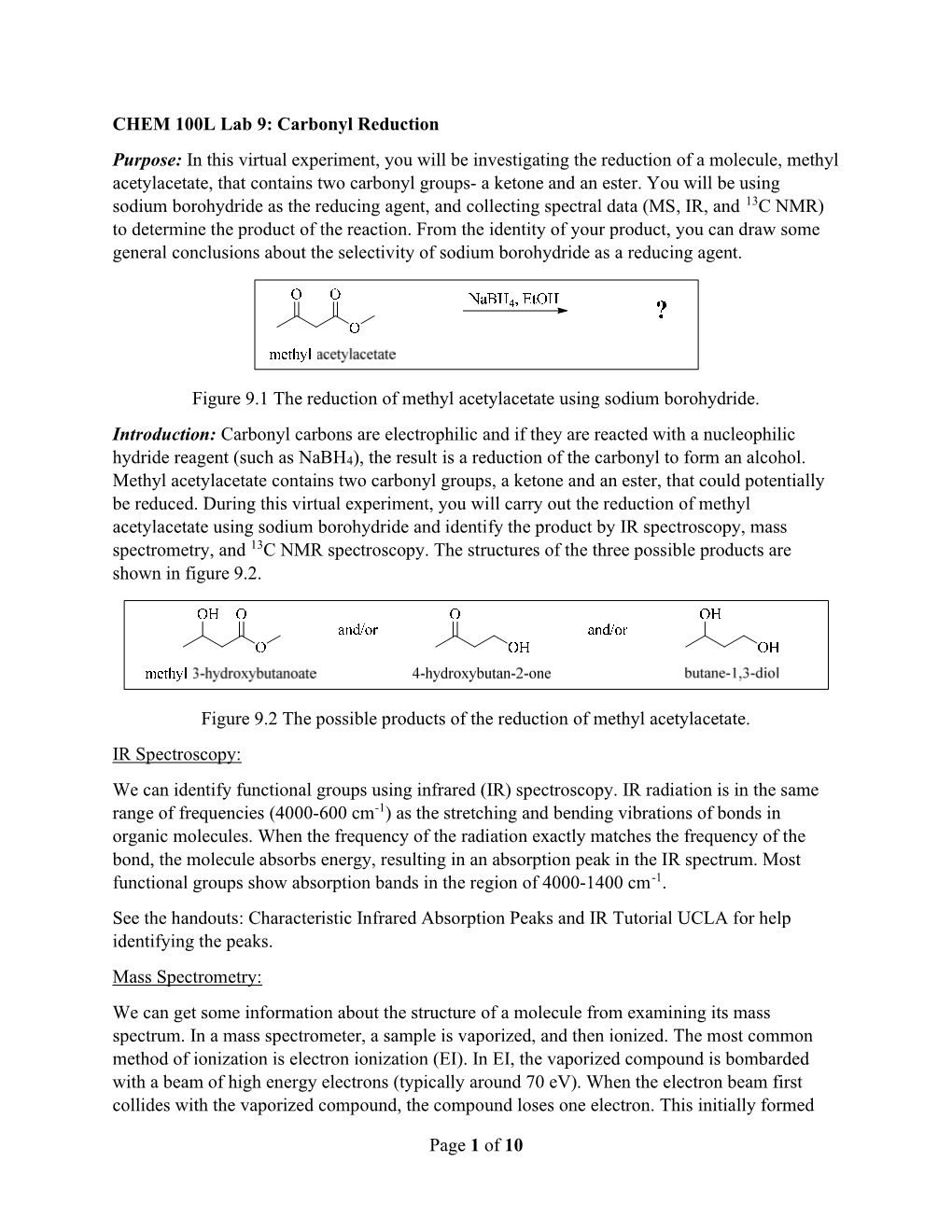 Page 1 of 10 CHEM 100L Lab 9: Carbonyl Reduction Purpose