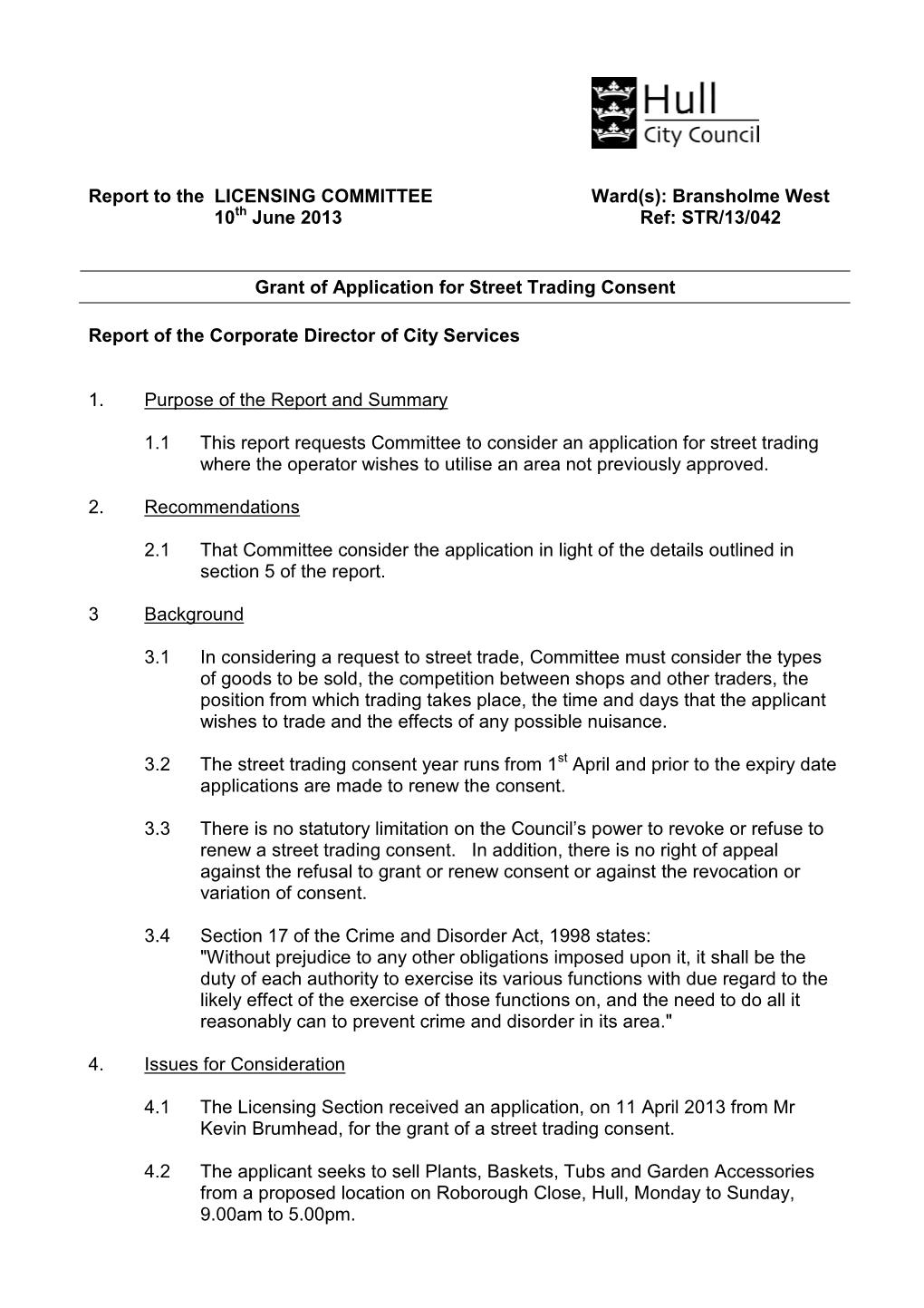 Grant of Application for Street Trading Consent