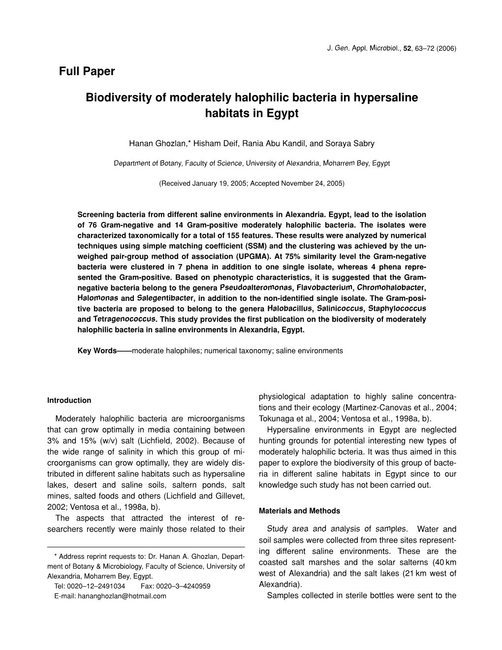 Biodiversity of Moderately Halophilic Bacteria in Hypersaline Habitats in Egypt
