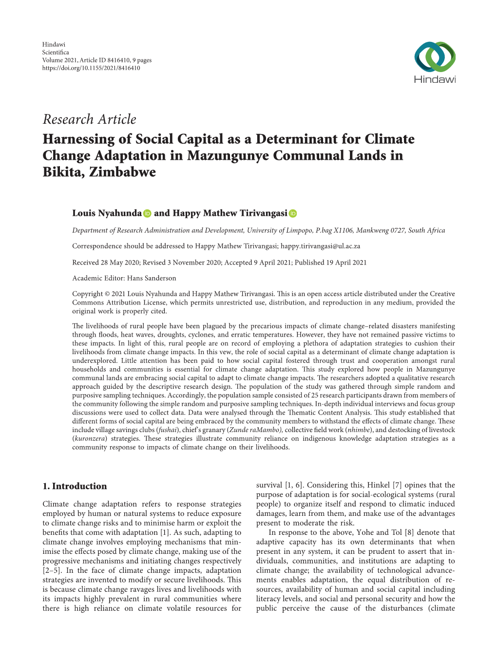 Harnessing of Social Capital As a Determinant for Climate Change Adaptation in Mazungunye Communal Lands in Bikita, Zimbabwe