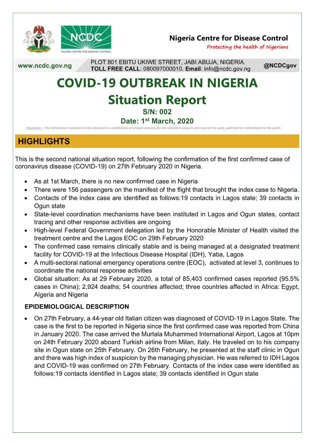 COVID-19 OUTBREAK in NIGERIA Situation Report