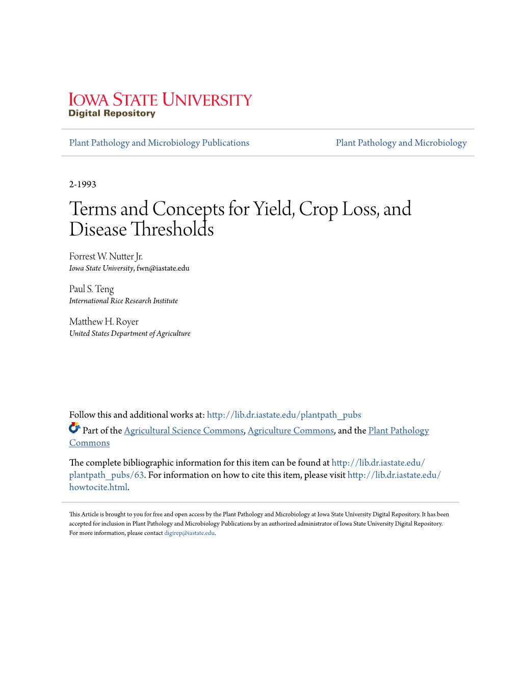 Terms and Concepts for Yield, Crop Loss, and Disease Thresholds Forrest W