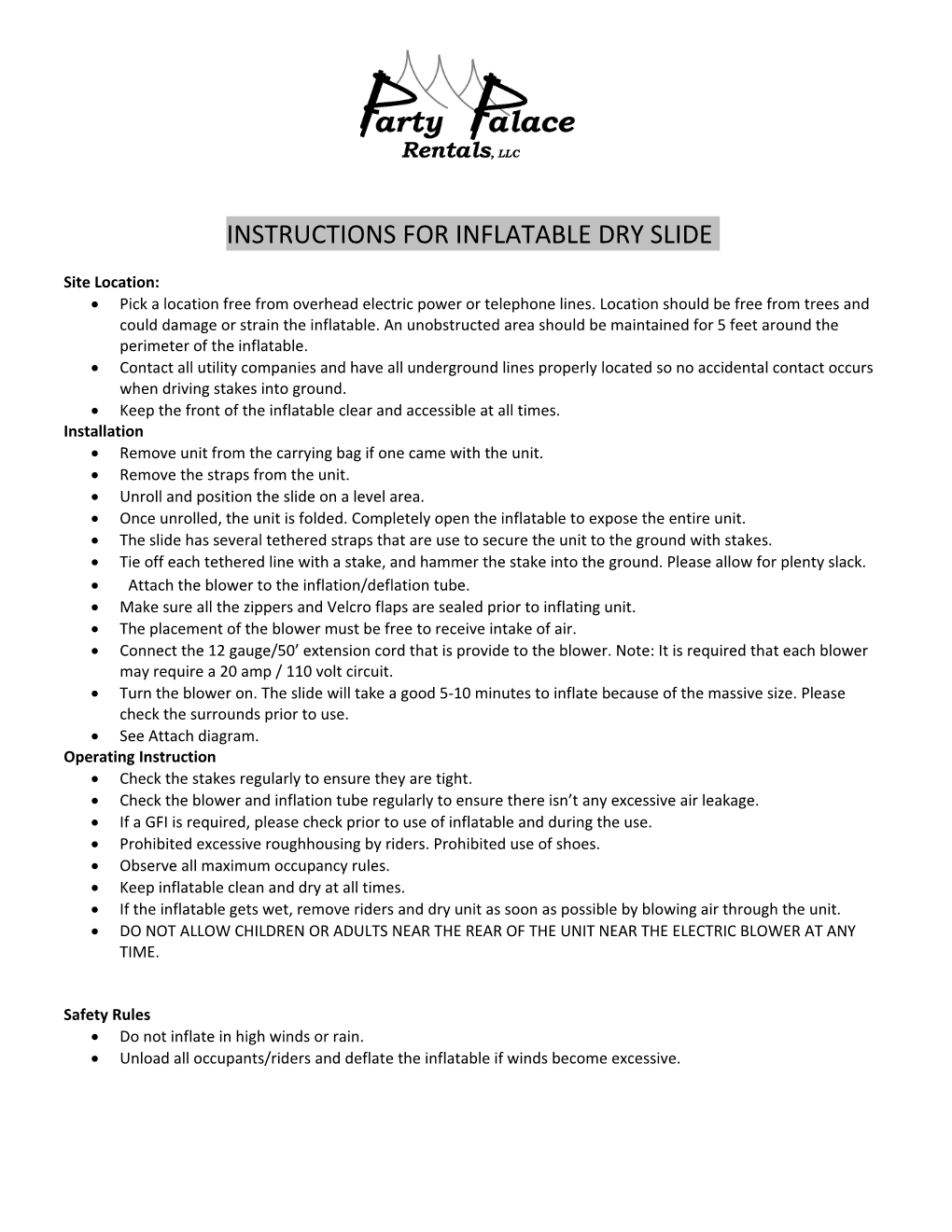 Instructions for Inflatable Dry Slide