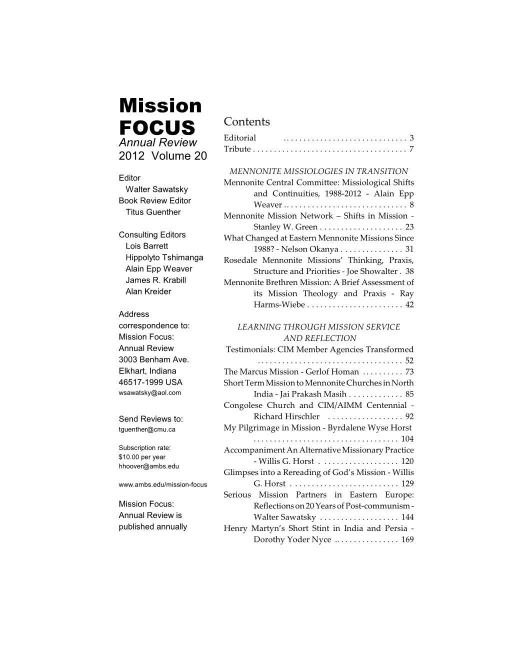 Mission FOCUS Contents Annual Review Editorial