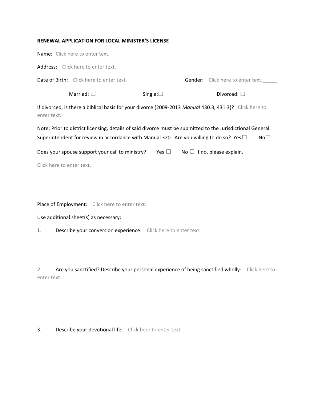 Renewal Application for Local Minister S License