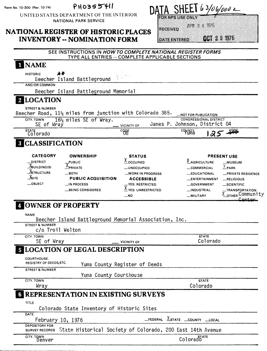 Data Sheet National Park Service National Register of Historic Places Inventory -- Nomination Form