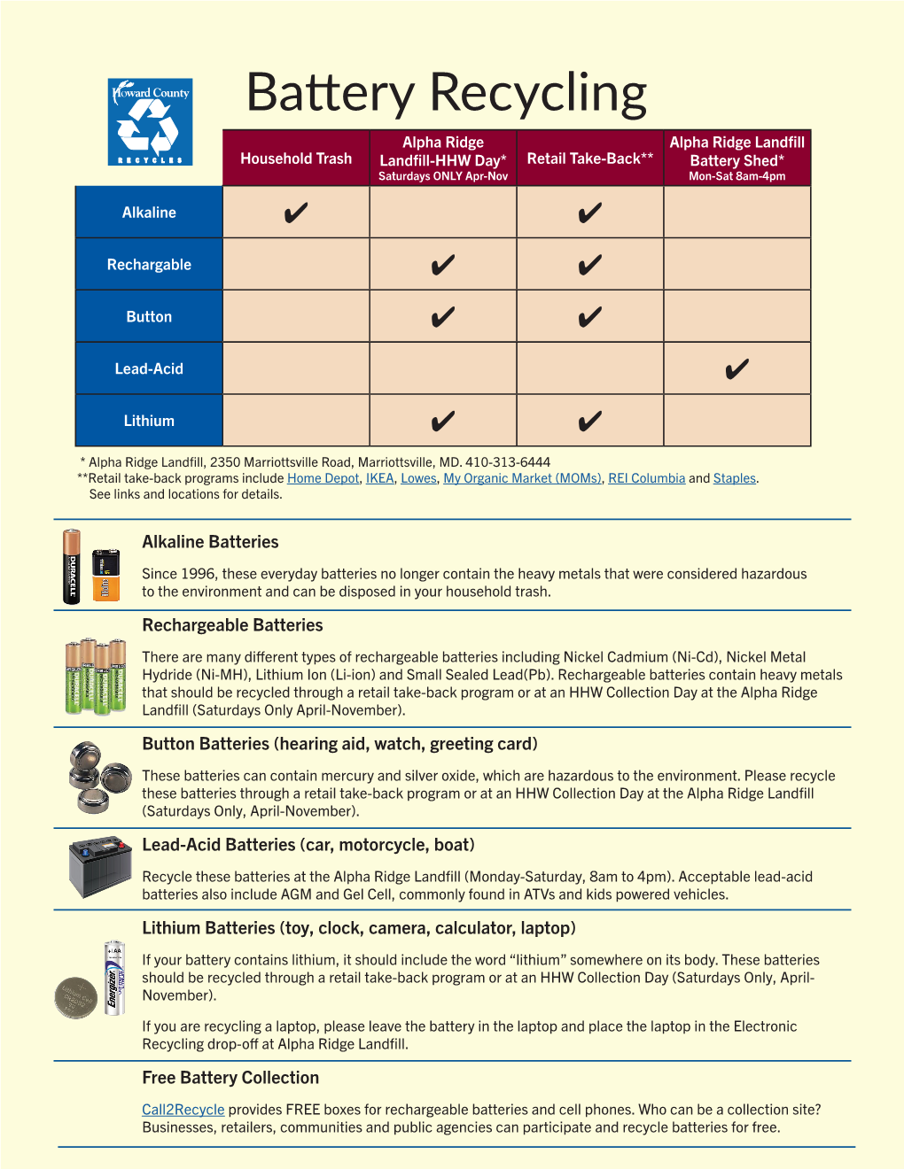 Battery Recycling Alpha Ridge Alpha Ridge Landfill Household Trash Landfill-HHW Day* Retail Take-Back** Battery Shed* Saturdays ONLY Apr-Nov Mon-Sat 8Am-4Pm