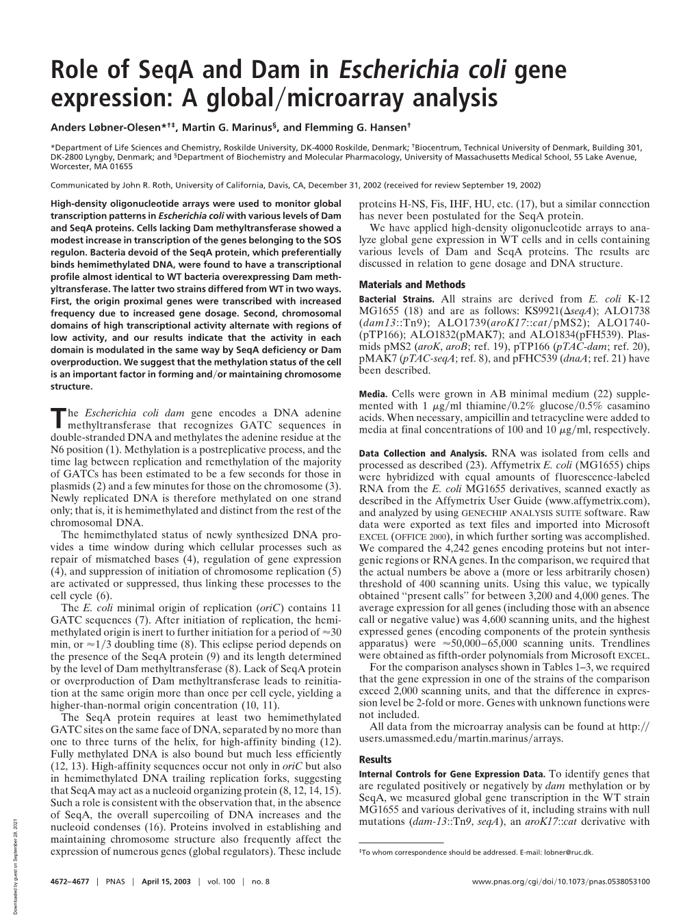 Role of Seqa and Dam in Escherichia Coli Gene Expression: a Global͞microarray Analysis