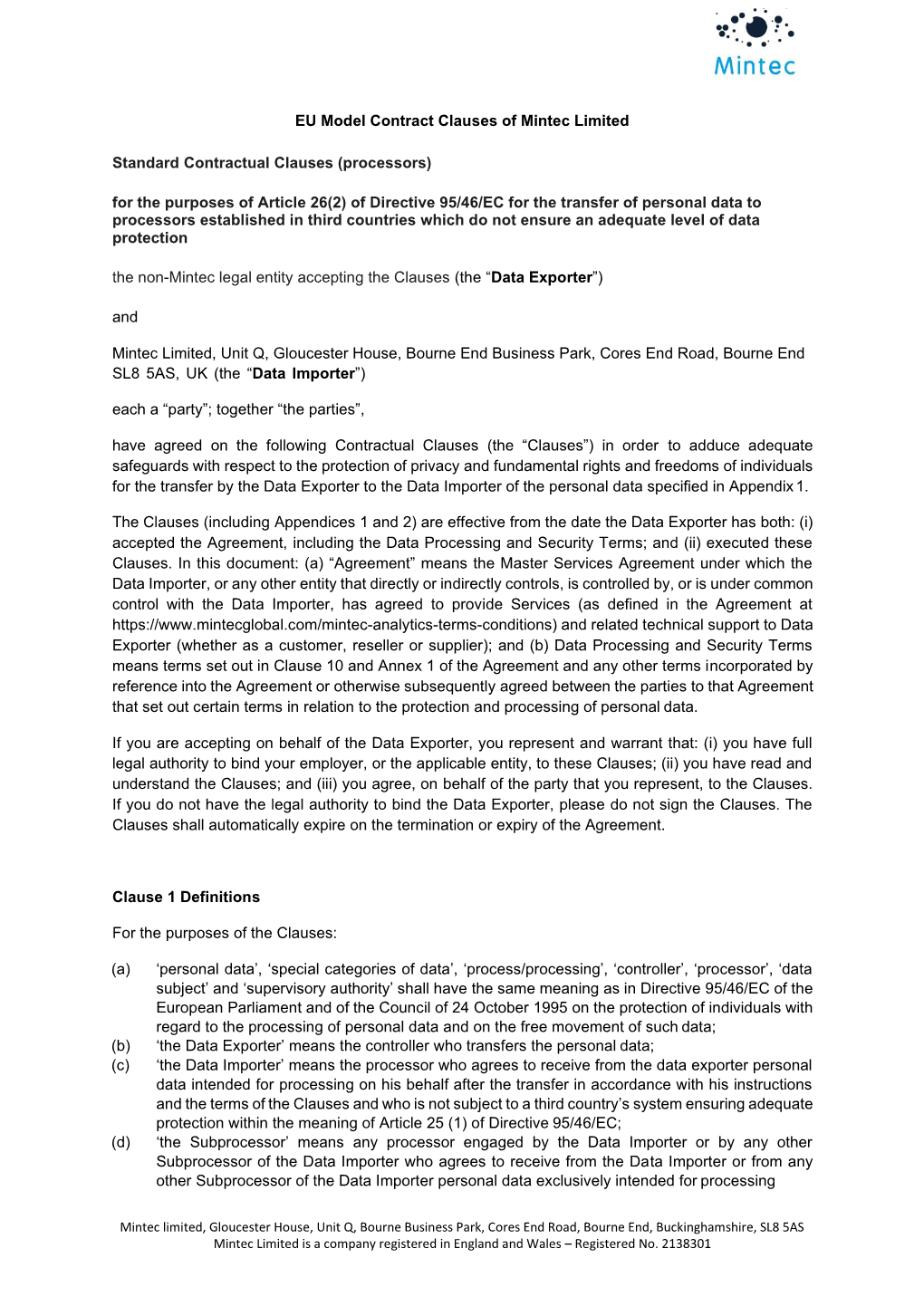 EU Model Contract Clauses of Mintec Limited Standard Contractual Clauses (Processors) for the Purposes of Article 26(2) of Direc