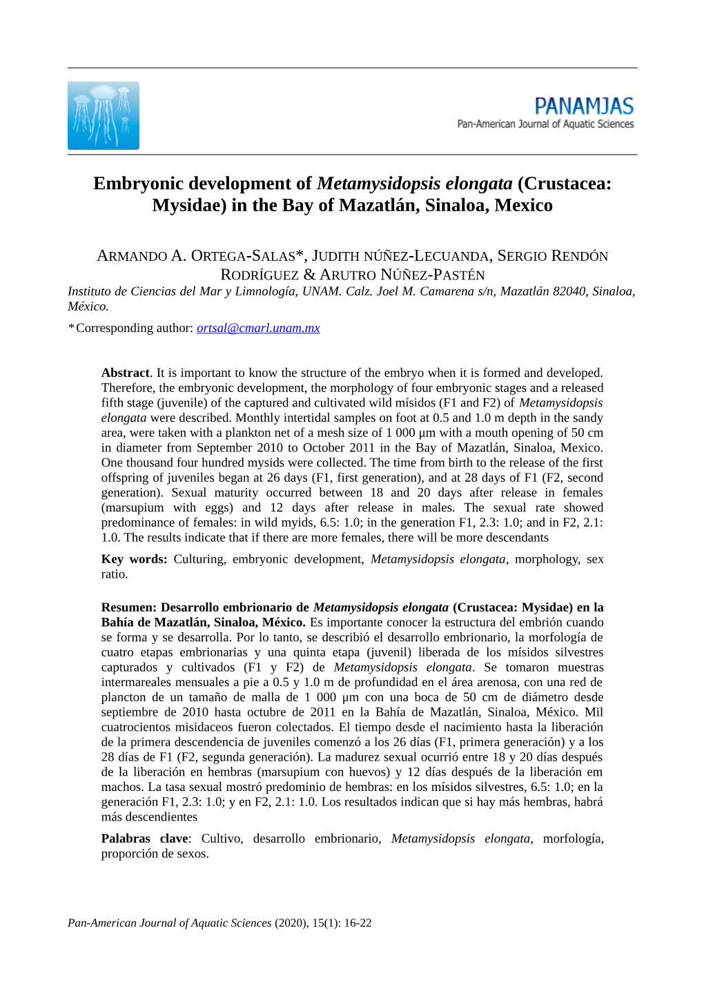 Embryonic Development of Metamysidopsis Elongata (Crustacea: Mysidae) in the Bay of Mazatlán, Sinaloa, Mexico