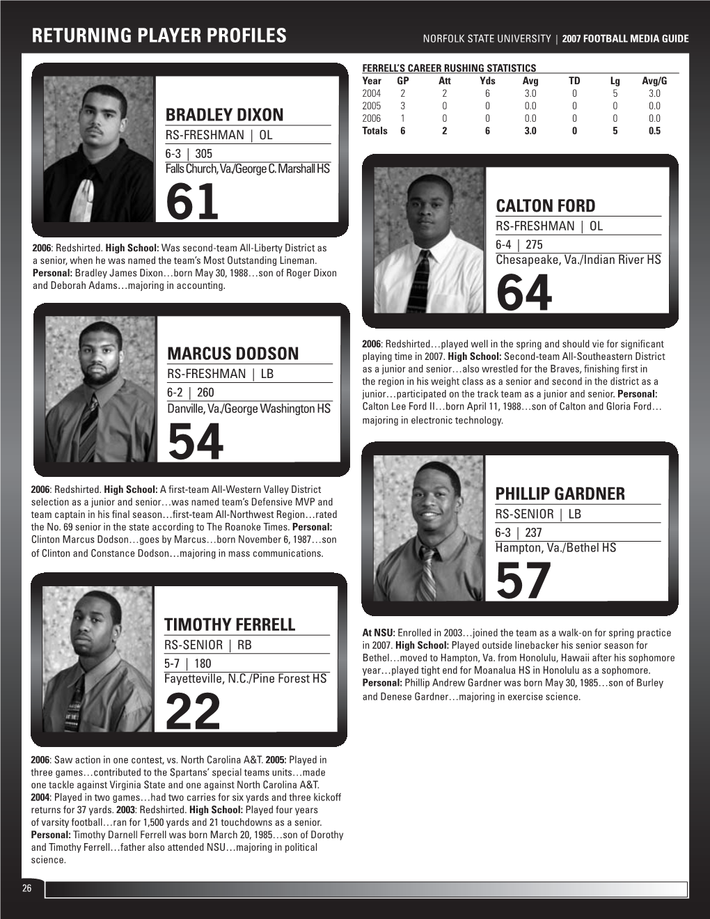 Returning Player Profiles Norfolk State University | 2007 Football Media Guide