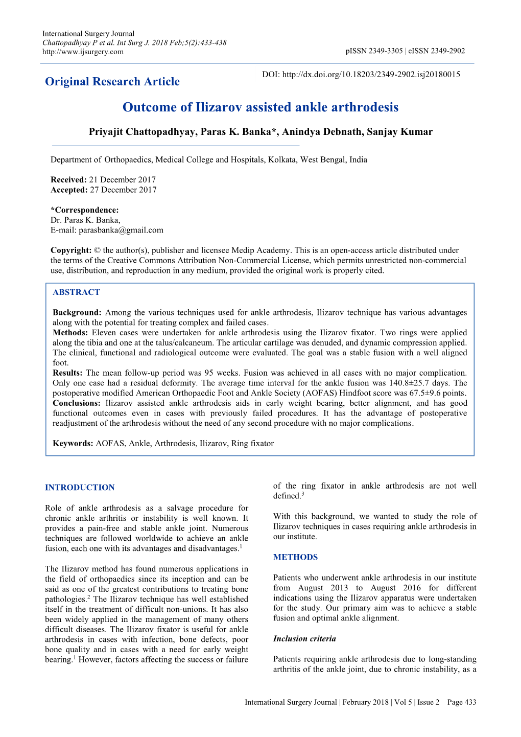 Outcome of Ilizarov Assisted Ankle Arthrodesis