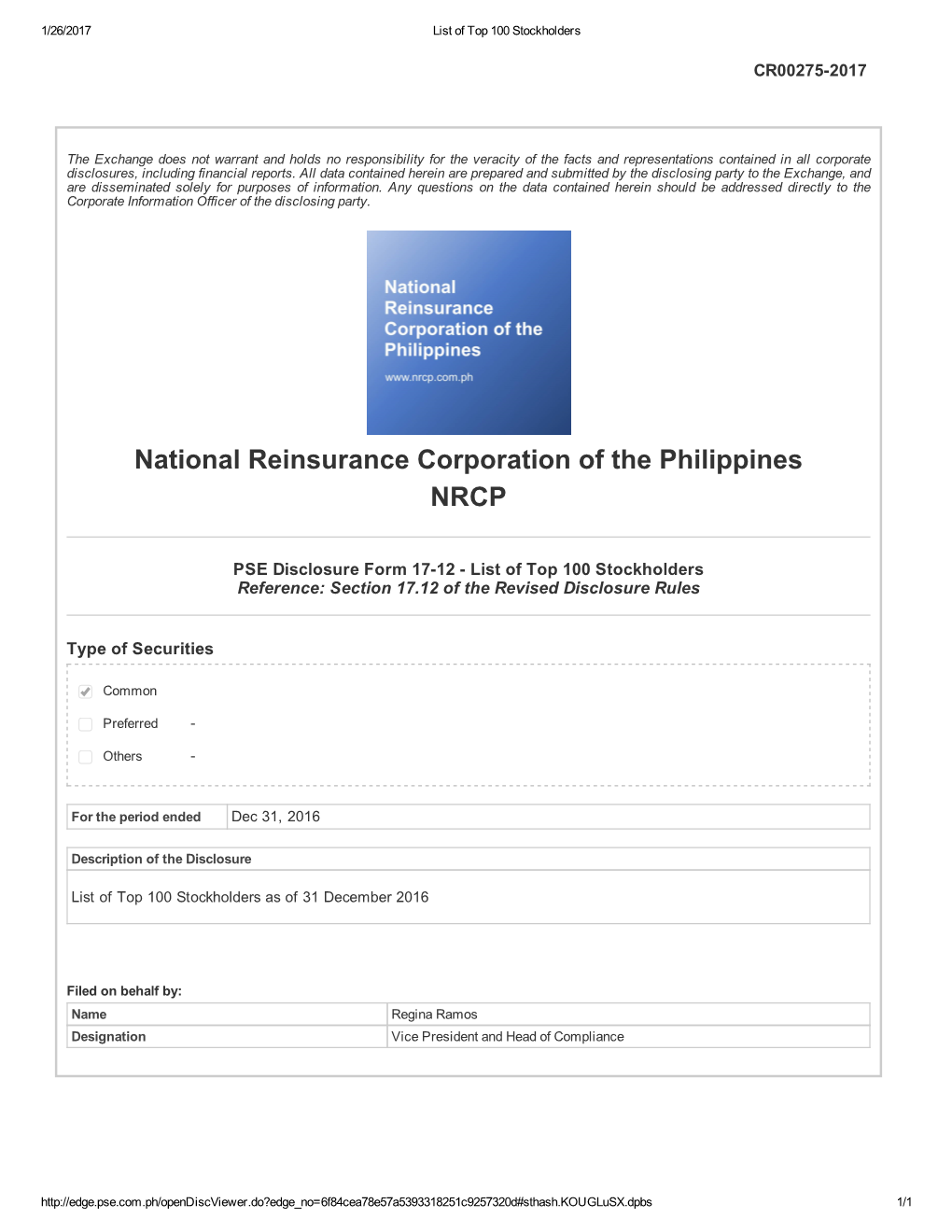 NRCP Top 100 Stockholders As of 31 December 2016