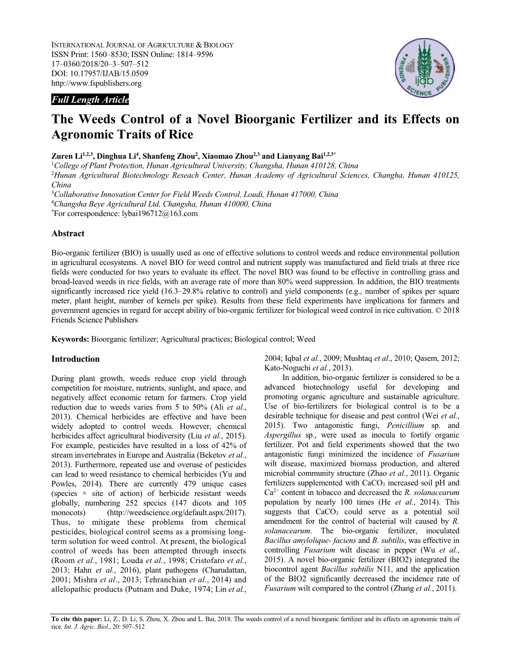 The Weeds Control of a Novel Bioorganic Fertilizer and Its Effects on Agronomic Traits of Rice