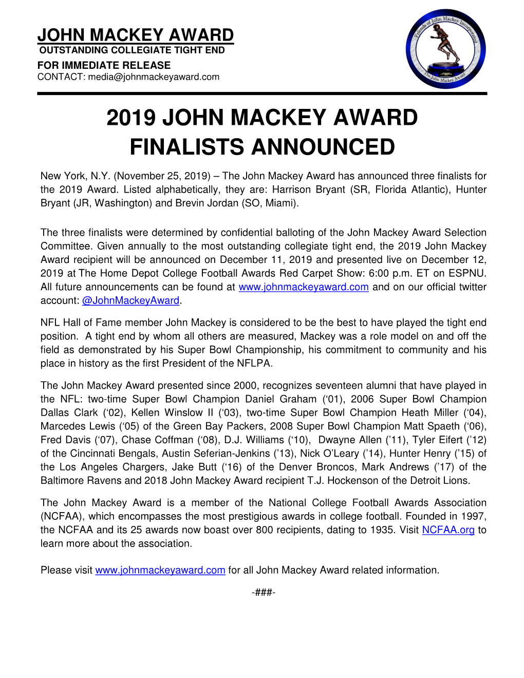 2019 John Mackey Award Finalists Announced