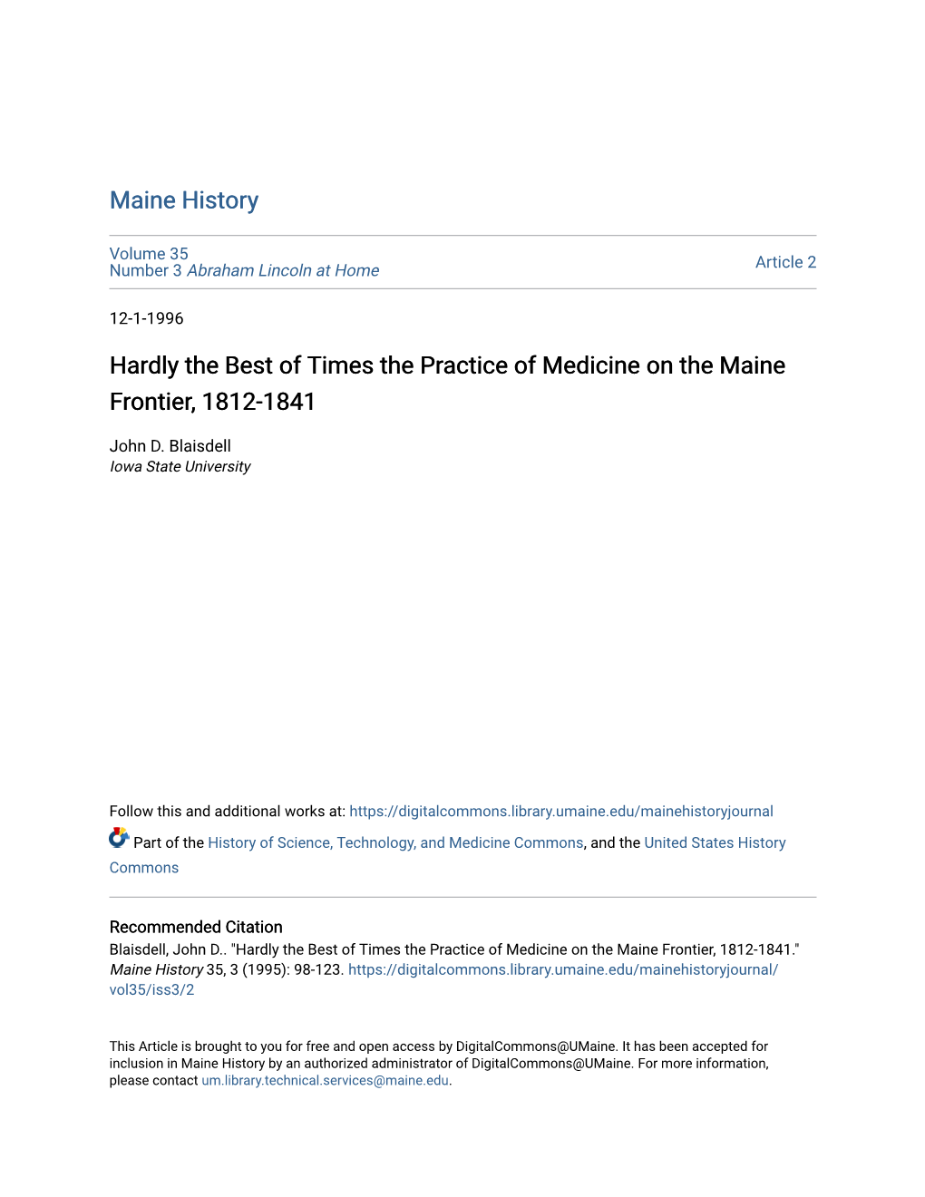 Hardly the Best of Times the Practice of Medicine on the Maine Frontier, 1812-1841