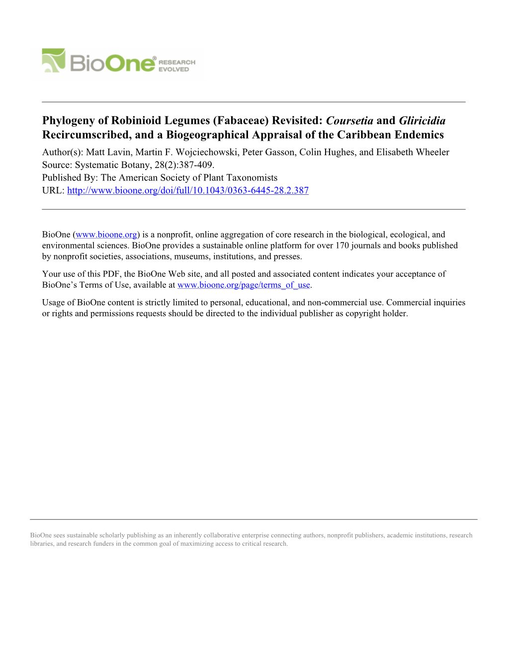 Fabaceae) Revisited: Coursetia and Gliricidia Recircumscribed, and a Biogeographical Appraisal of the Caribbean Endemics Author(S): Matt Lavin, Martin F