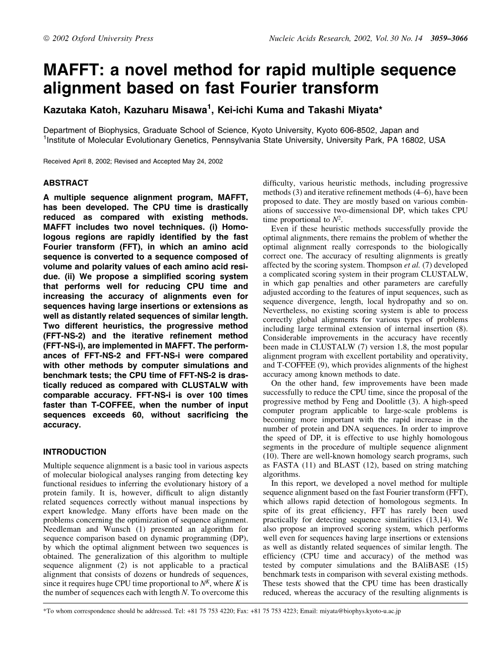 MAFFT: a Novel Method for Rapid Multiple Sequence Alignment Based on Fast Fourier Transform