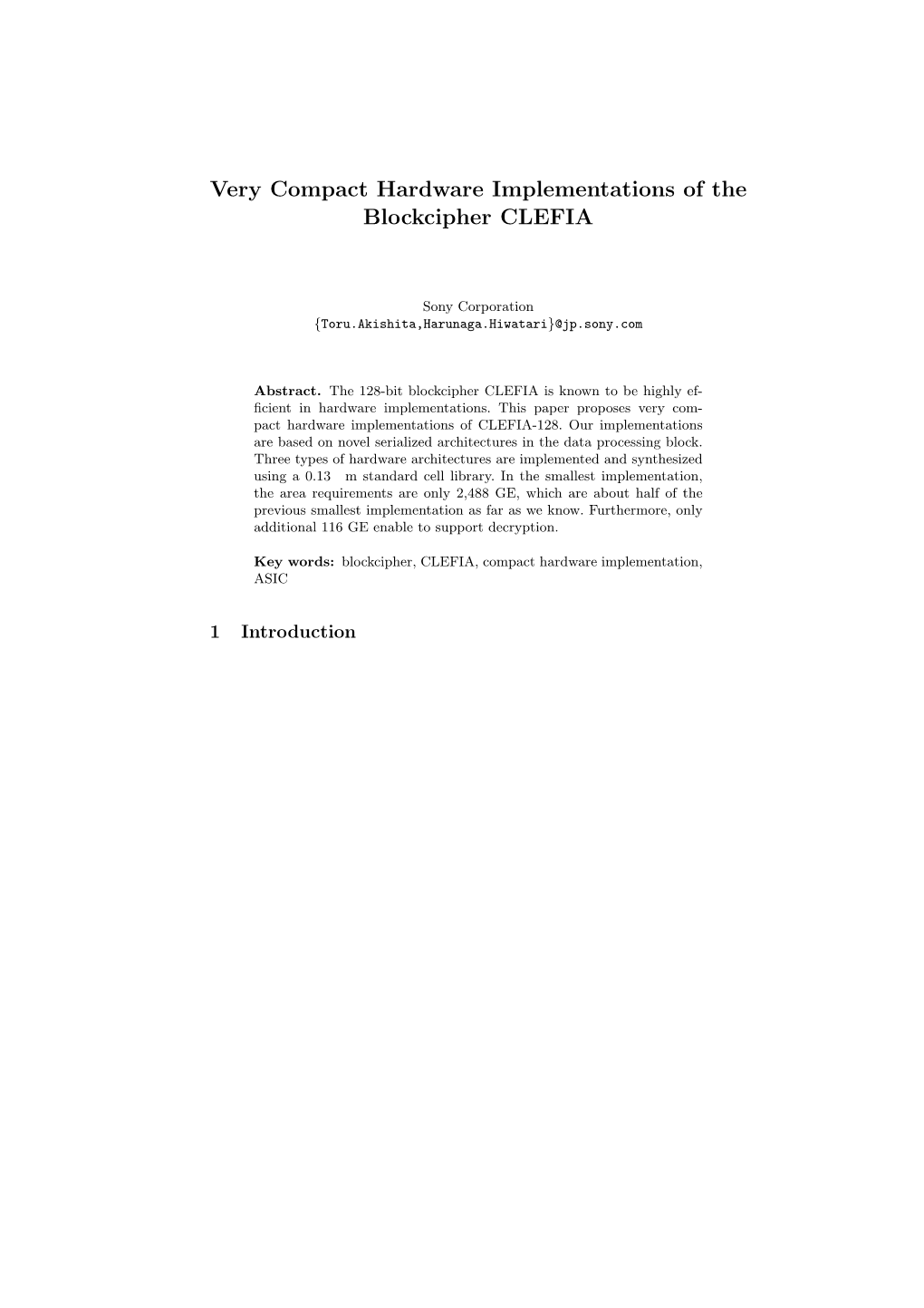 Very Compact Hardware Implementations of the Blockcipher CLEFIA