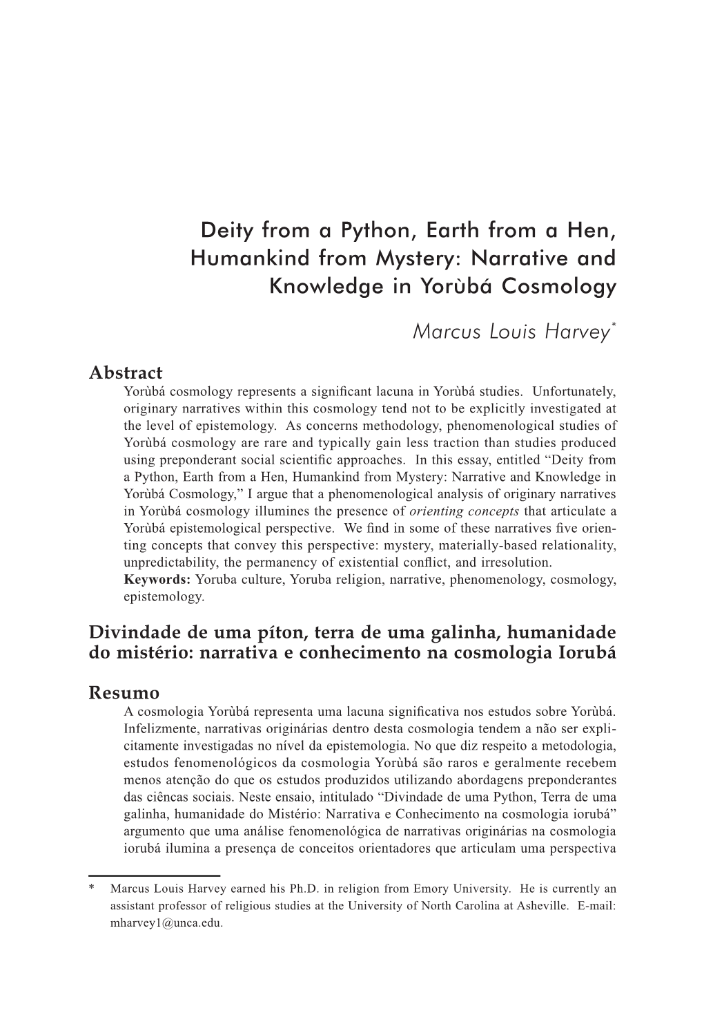 Narrative and Knowledge in Yorùbá Cosmology Marcus Louis