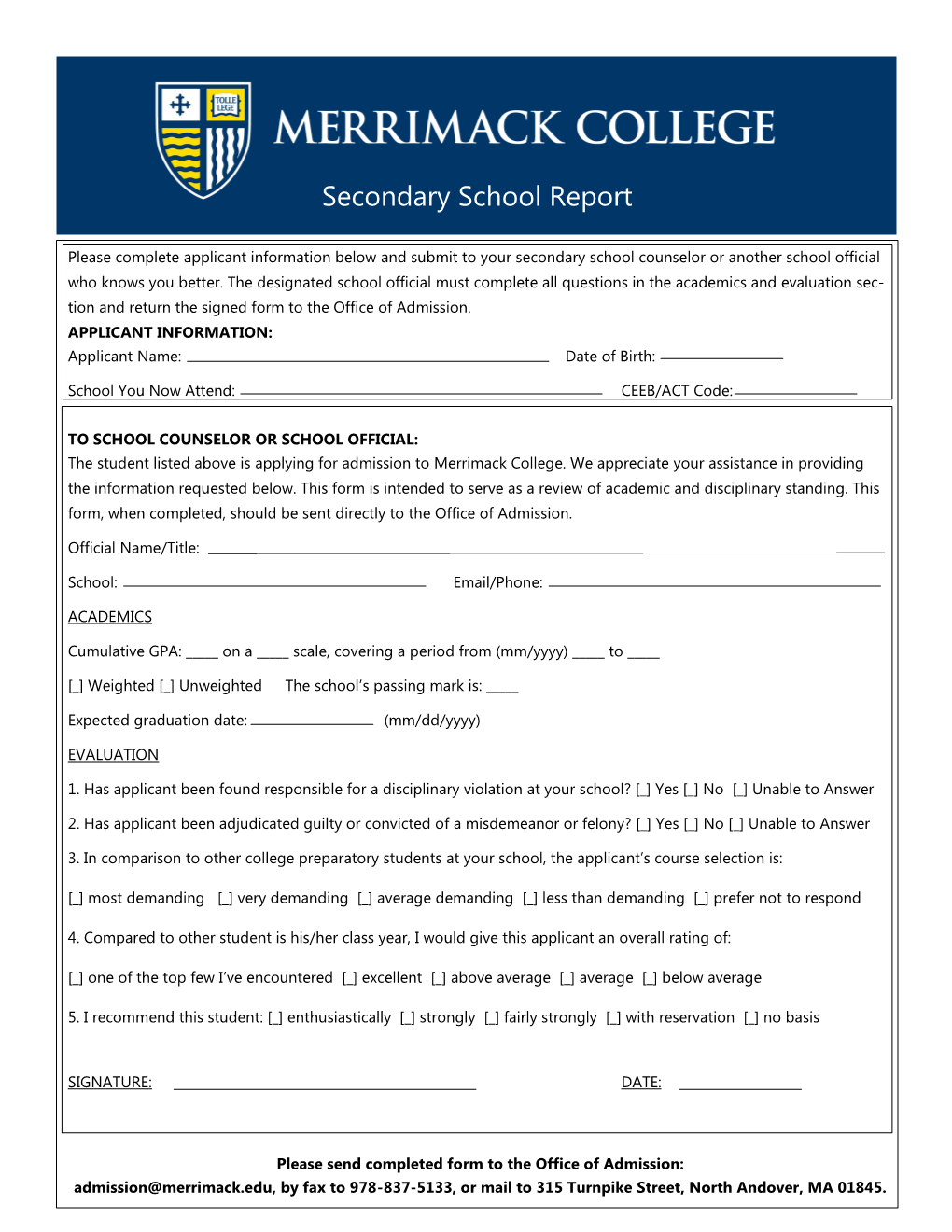 Merrimack Application Secondary School Report