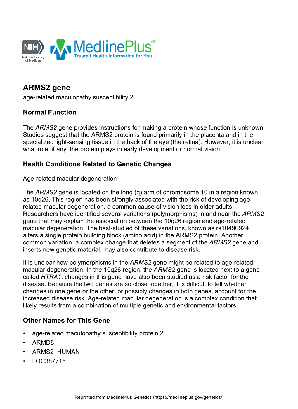 ARMS2 Gene Age-Related Maculopathy Susceptibility 2